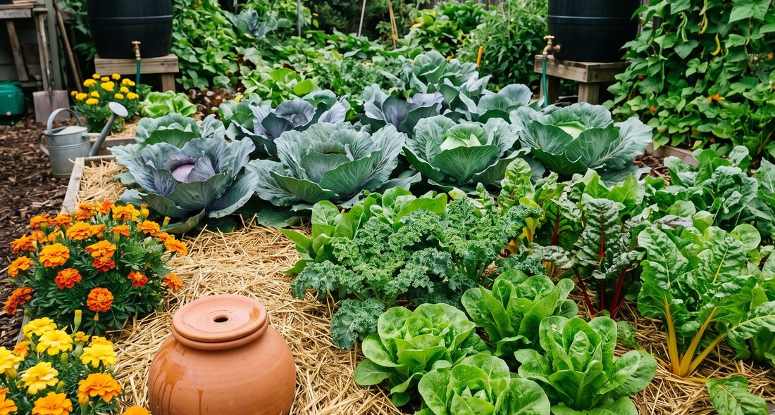 A lush mulched vegetable garden with deep watering systems