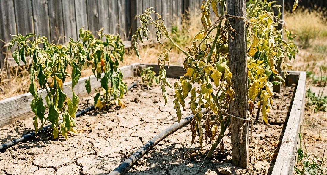 A dry garden bed with cracked soil and heat-stressed plants