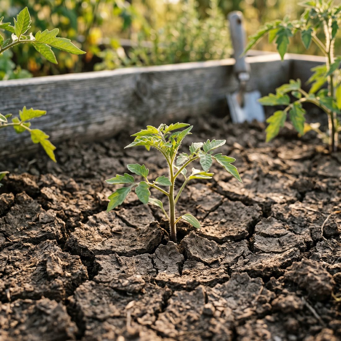 A young tomato seedling in dry, cracked garden soil