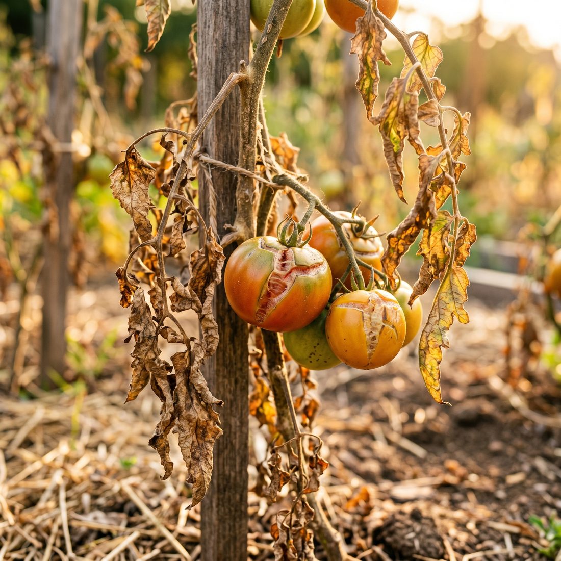 A heat-stressed tomato plant with split, cracked tomatoes