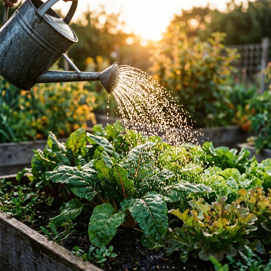 A watering can pouring over wilting garden greens at sunset