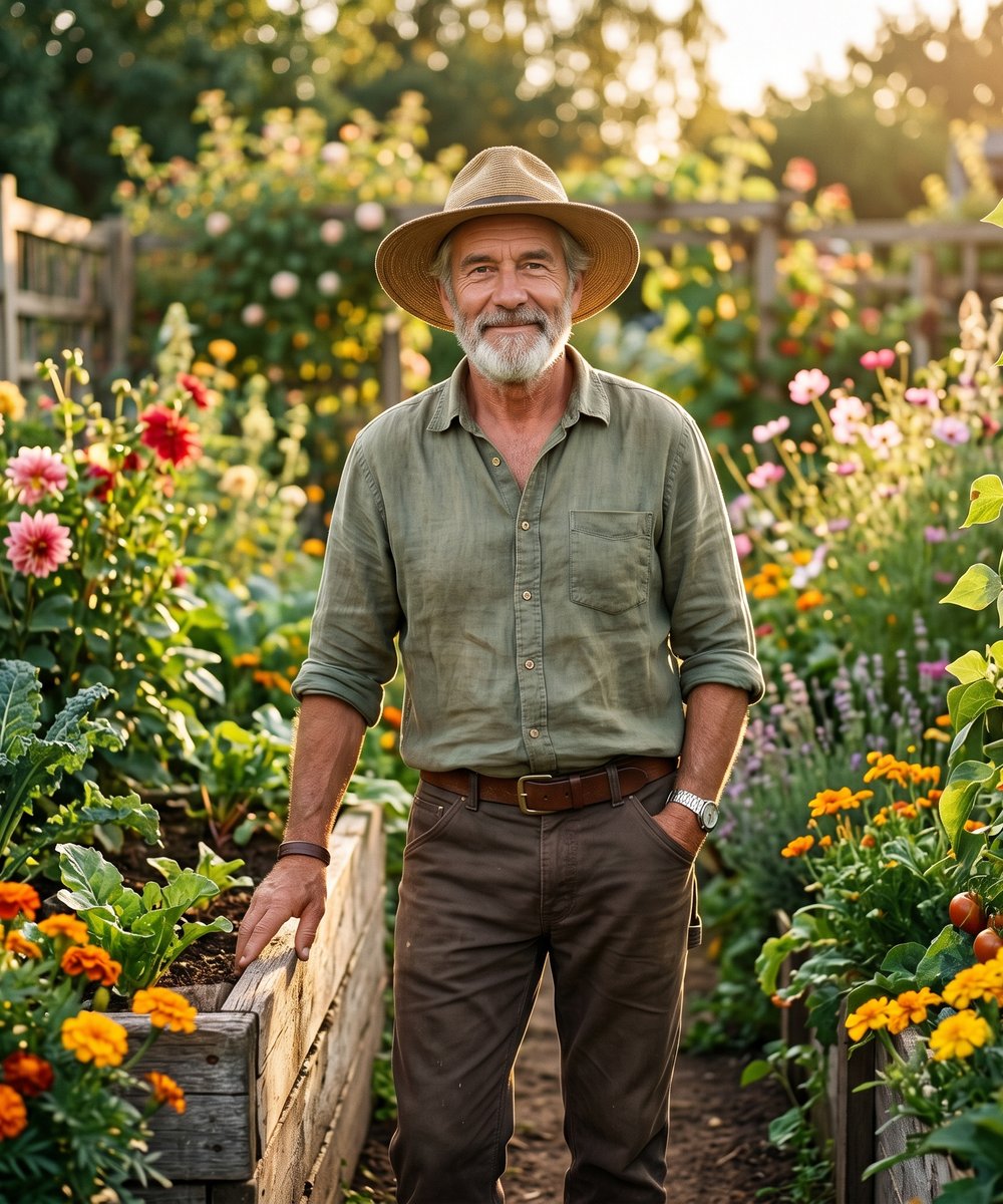 Roy Hartwell, retired botanical-garden groundskeeper, standing in his garden